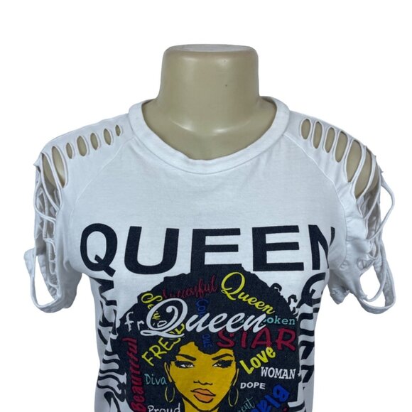 ON FIRE Women Multicolored QUEEN Graphic Cropped Open Sleeve T-Shirt  shirt Sz M - Picture 6 of 8